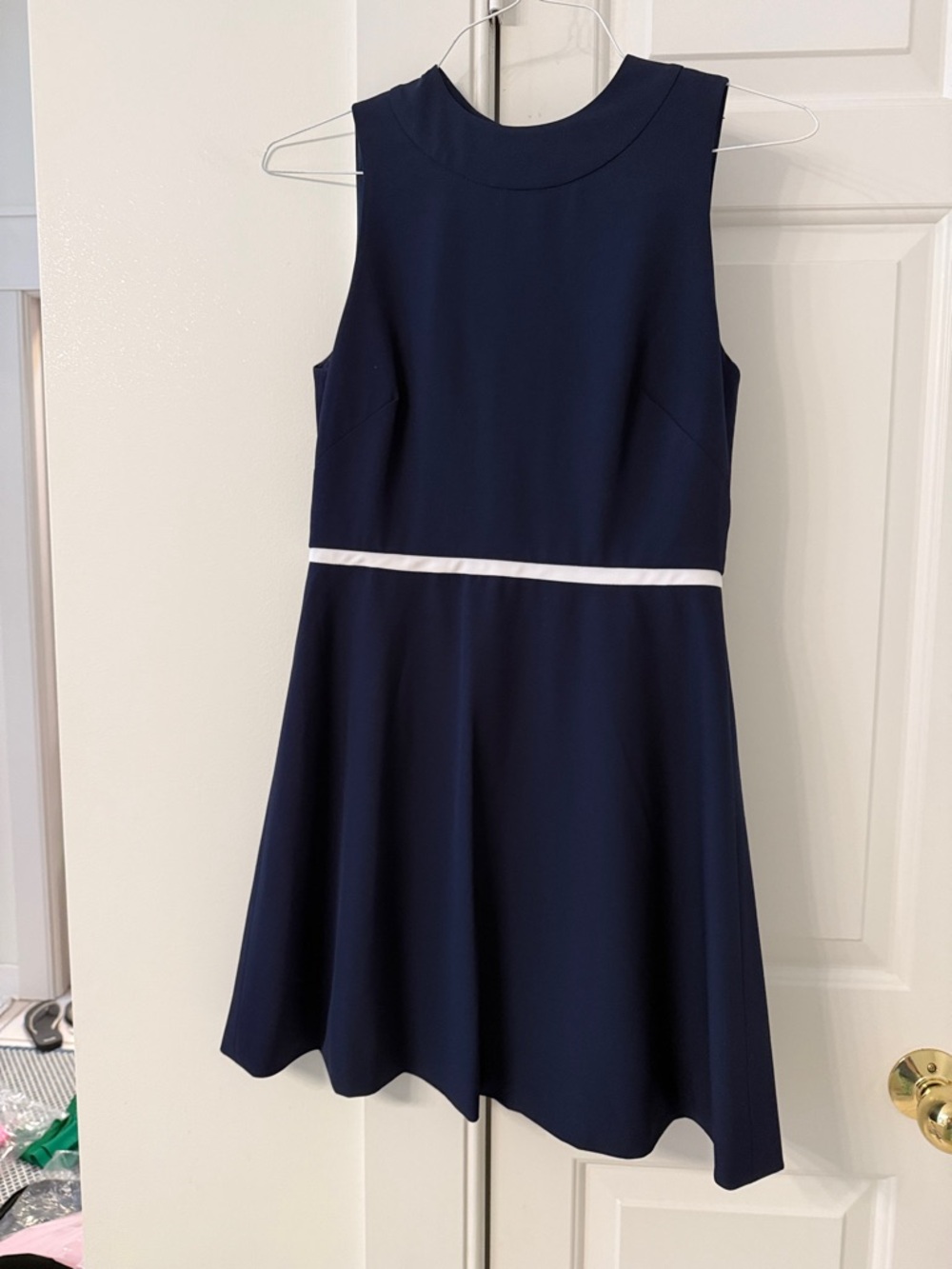 Ladies Navy Fit-and-Flare Dress with White Waist Trim NWOT